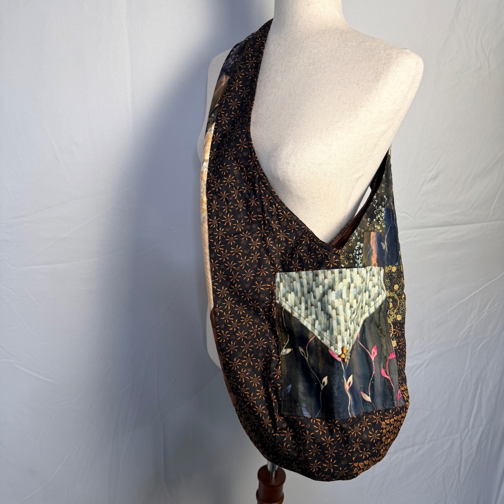 Boho Hippie Patchwork Sling Hobo Bag Celestial Sun Print with Small Wallet